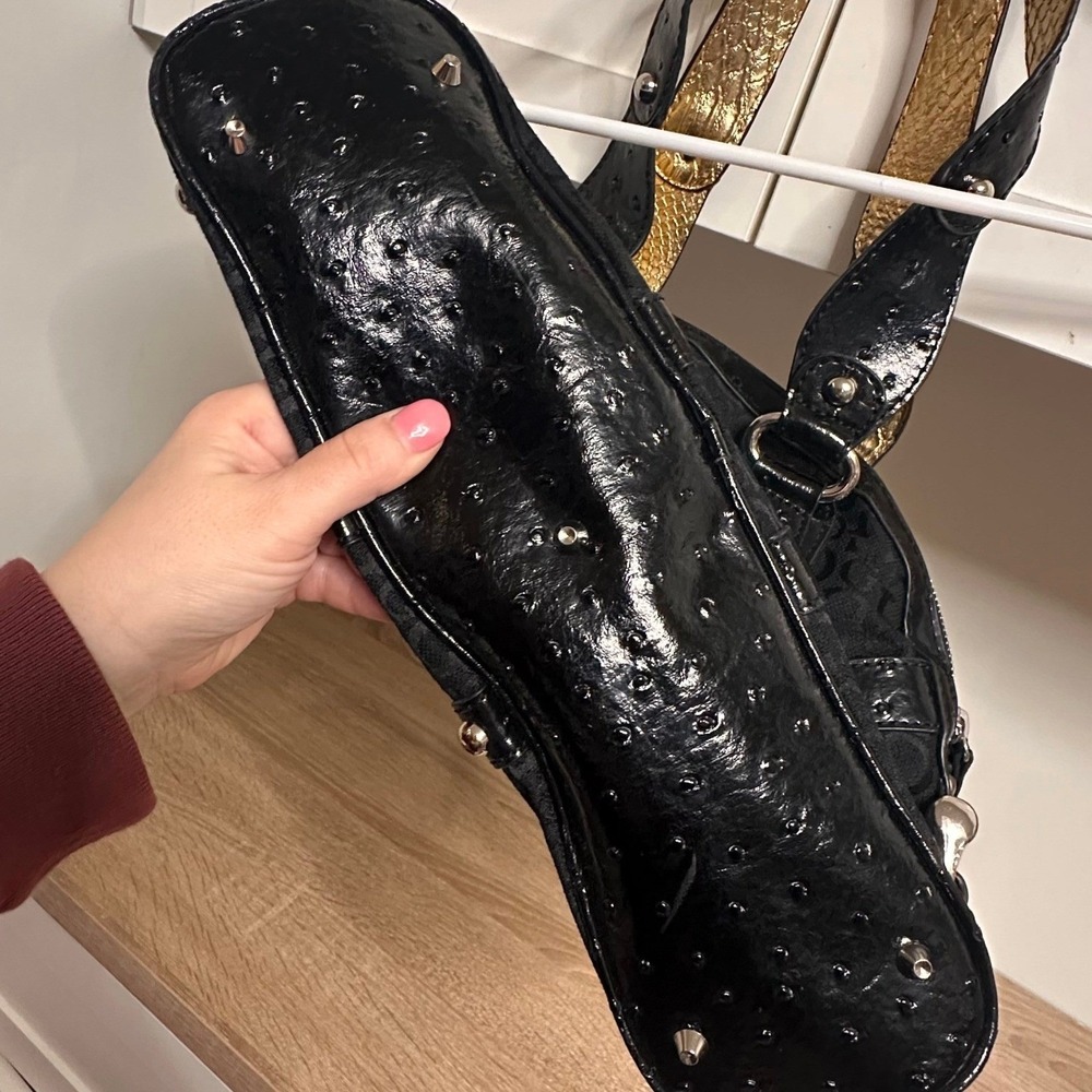 VTG GUESS Y2K Ostrich Print Shoulder Bag Black Patent Leather Indie Sleaze Glam - Picture 4 of 14